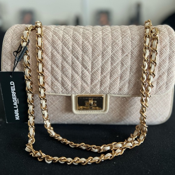 Karl Lagerfeld Handbags - Karl Lagerfeld Tweed Beige Shoulder Bag with Gold Chain